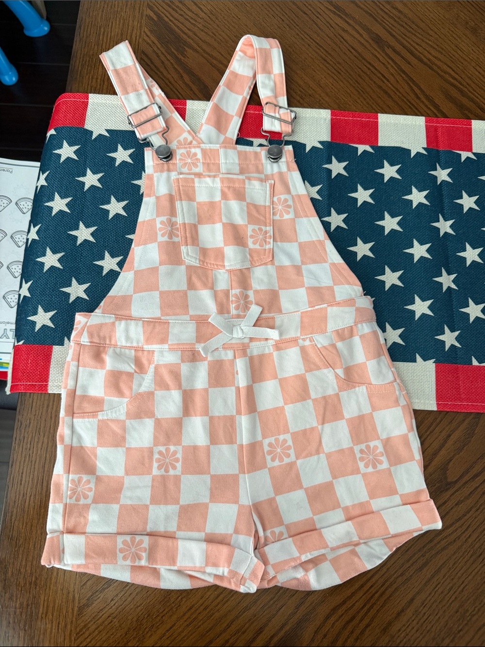Derek Heart Peach & White Checkered Floral Overall Shorts